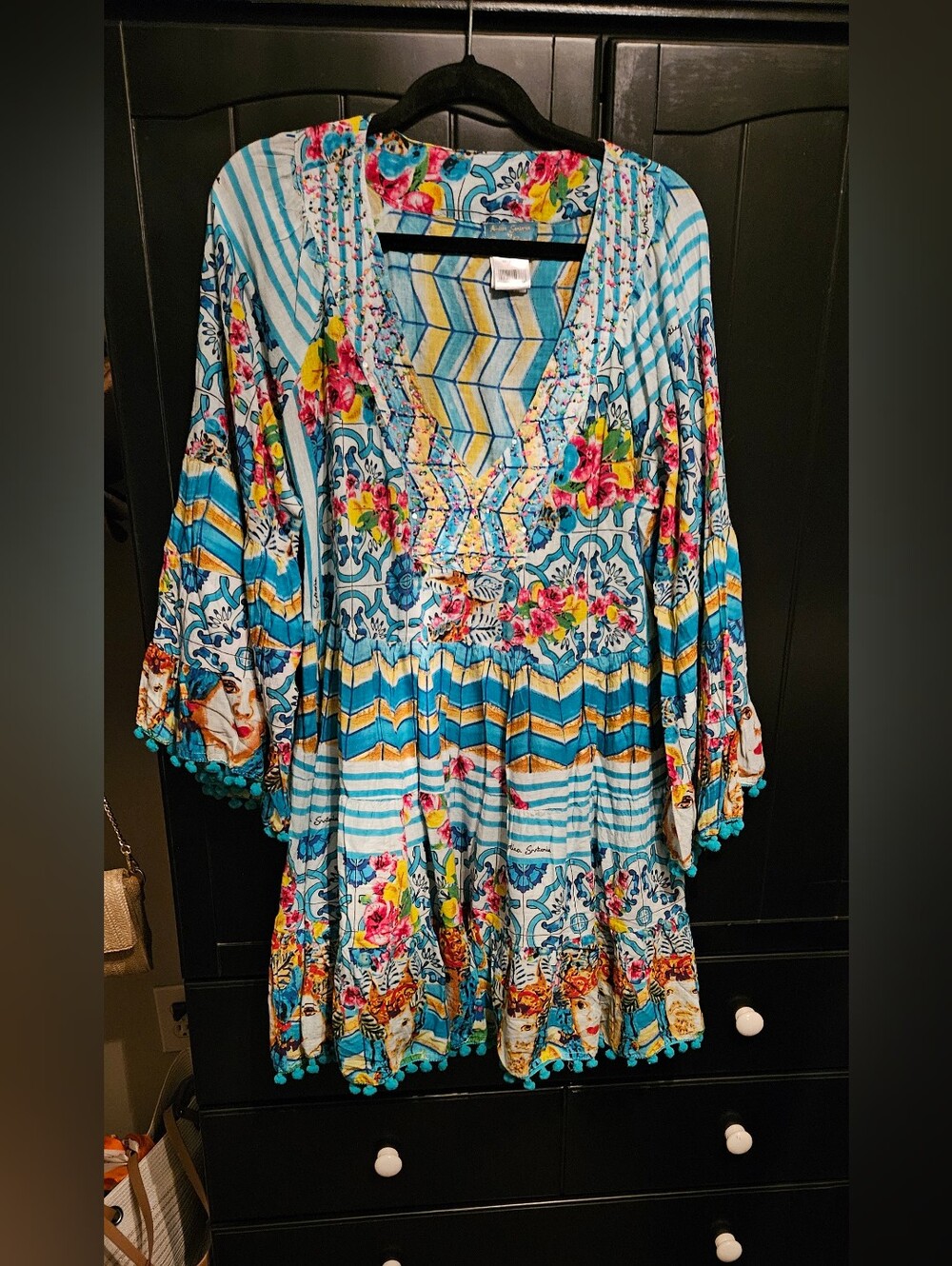 Boho Floral Stripe V-Neck Dress in Turquoise and Multi